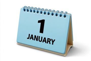 A light blue desk calendar showing the first day of january with a spiral binding isolated on white background