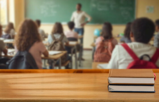 School desk with blurred students and teacher in classroom background. School-related atmosphere of learning, back-to-school excitement, and education in progress.