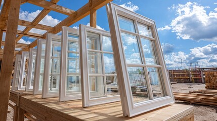 New white-framed windows await installation, reflecting the blue sky. Building under construction, symbolizing progress and a bright future.