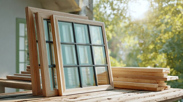 Fototapeta Window panes with light wood frames sit on a wooden table outdoors in a natural setting. Stack of matching wood nearby. Warm sunny ambiance.
