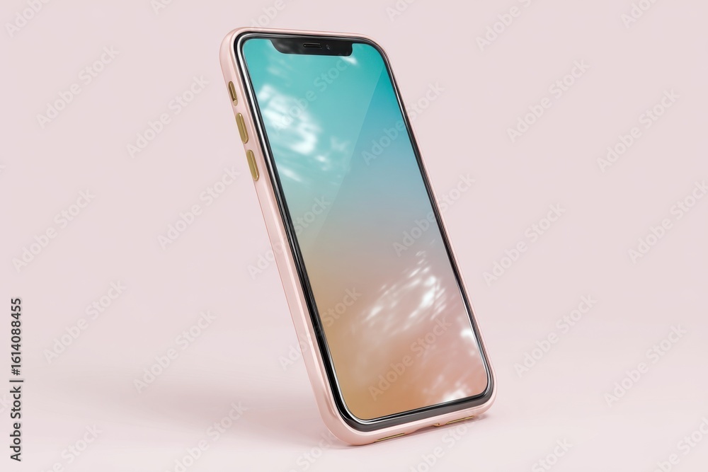 Poster modern smartphone with a vibrant colorful screen displaying a sky reflection angled view isolated on