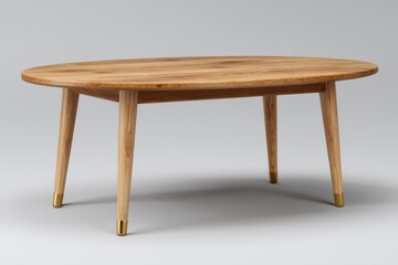 Modern light wood oval coffee table with tapered legs and brass accents isolated on white background