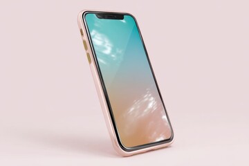 Modern smartphone with a vibrant colorful screen displaying a sky reflection angled view isolated on white background