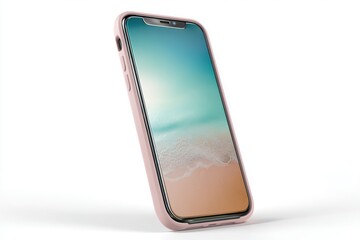 A modern pink smartphone with a colorful screen displayed at an angle isolated on white background