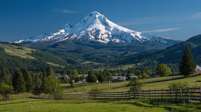 Majestic snow-covered mountain overlooking a green valley with scattered buildings, trees, and a wooden fence under a clear blue sky.