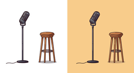 Stylized comedy club microphone and stool on split background