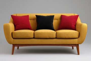 A stylish mid century modern yellow sofa with three plush cushions and two decorative throw pillows isolated on white background