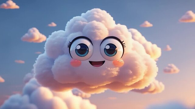 Cartoon cloud with a smiling face and blue eyes. The cloud is floating in the sky with a blue sky background