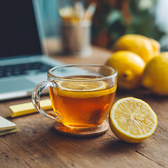 Tea with lemon on desktop, productivity concept