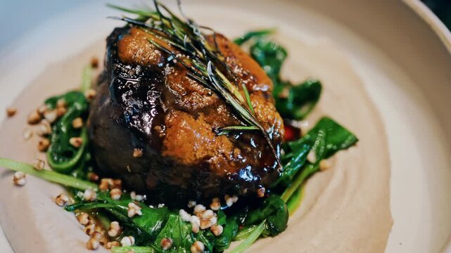 Close up of a beautifully plated beef filet, topped with a golden crust and garnished with rosemary