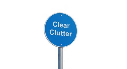 Ai generated image of a blue circular sign with the words clear clutter is isolated on transparent background, offering a reminder to simplify and organize