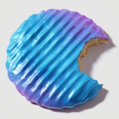 A single round cookie with colorful iridescent blue and purple frosting and a bite taken out of it isolated on white background