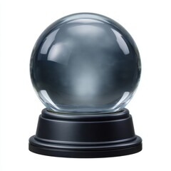A clear glass crystal ball with a dark interior sits on a black base isolated on white background