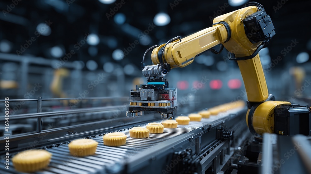 Poster automated food production: robot arm on conveyor belt processing desserts. efficiency and automation