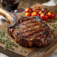 Juicy grilled tomahawk steak with herbs and cherry tomatoes on a wooden board isolated on white background
