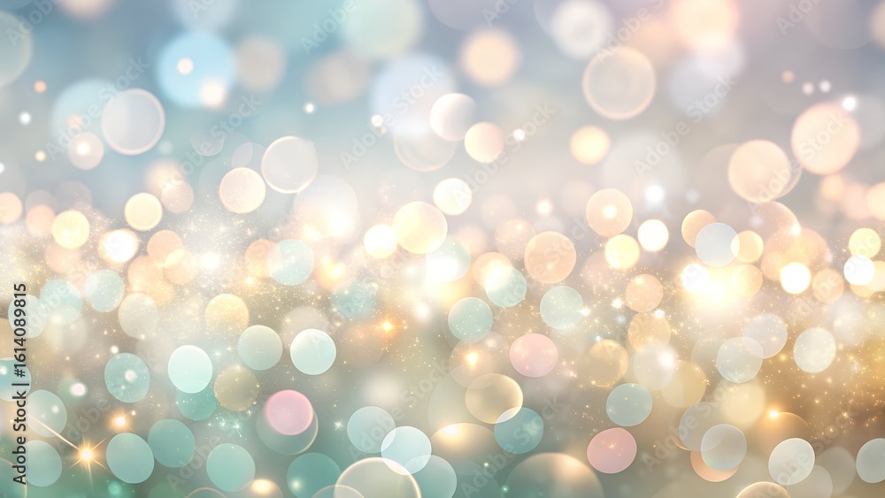 Poster a soft and ethereal bokeh background featuring a mix of pastel and golden lights, creating a gentle 