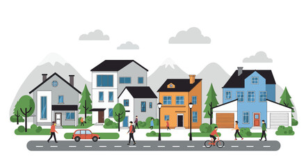 Charming neighborhood scene with modern houses and street activity in flat design