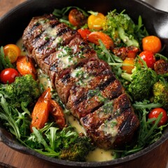 Juicy grilled beef tenderloin steak served with fresh green salad and cherry tomatoes in a rustic pan isolated on white background