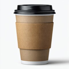 A disposable paper coffee cup with a black lid and brown cardboard sleeve isolated on a clean white background isolated on white background
