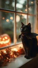 Black cat wearing bat wings sitting by window with Halloween pumpkins  