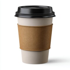 A disposable paper coffee cup with a black lid and brown cardboard sleeve isolated on white background