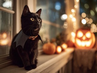 Black cat wearing bat costume sitting by Halloween decorations  