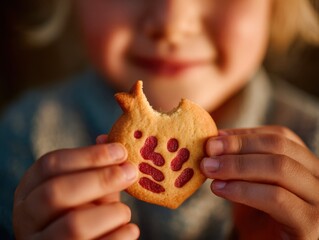 Child holding gingerbread cookie with bite taken outdoors at sunset  