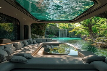 Modern Relaxation Area with Waterfall View
