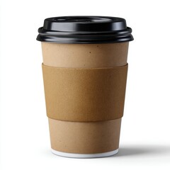 A disposable paper coffee cup with a black lid and brown cardboard sleeve isolated on white background