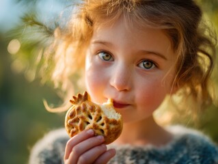Young girl enjoying pomegranate cookie outdoors in soft natural light  