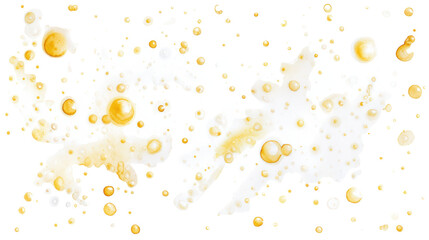 Watercolor golden bubbles and splashes float on a clean transparent background
