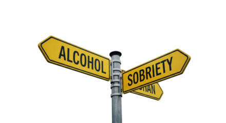 Ai generated image of a sign showing the choice between alcohol and sobriety isolated on transparent background represents the critical decision in addiction recovery and healthy living