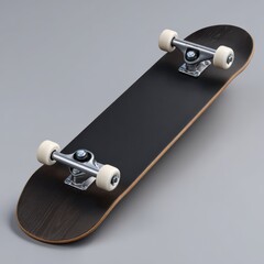 A black skateboard with white wheels and silver trucks is shown from a high angle isolated on white background