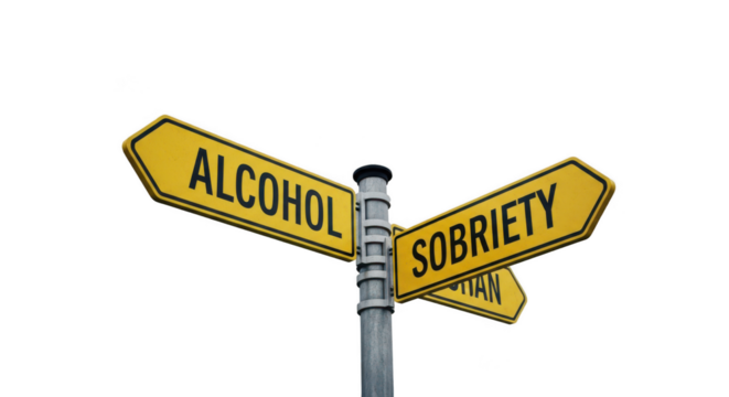 Ai generated image of a sign showing the choice between alcohol and sobriety isolated on transparent background represents the critical decision in addiction recovery and healthy living - Powered by Adobe