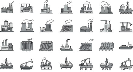 Industrial and marine energy icons in linear style for infrastructure projects