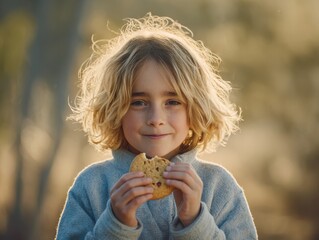 Young boy smiling while holding a cookie outdoors in sunlight  