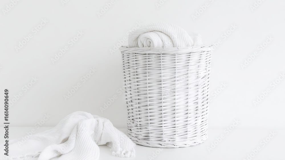 Poster white wicker basket filled with neatly rolled towels sits on a clean surface, accompanied by a soft 