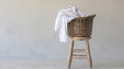Wicker basket filled with freshly laundered white clothes, placed on a rustic wooden stool against a soft, neutral-toned wall, creating a serene and inviting atmosphere