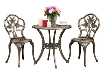 Outdoor table and chairs with flowers, candles, and tea cup, isolated on transparent background