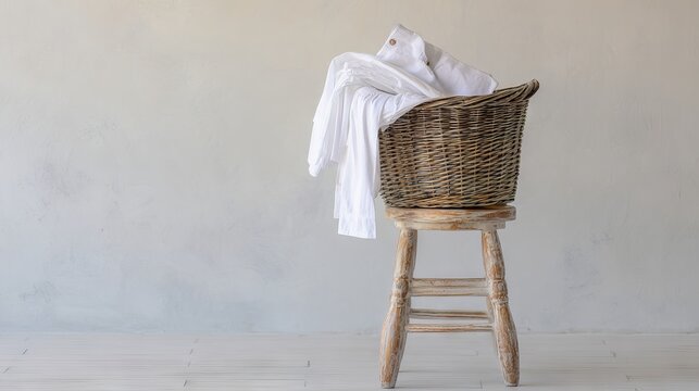 Wicker basket filled with freshly laundered white clothes, placed on a rustic wooden stool against a soft, neutral-toned wall, creating a serene and inviting atmosphere