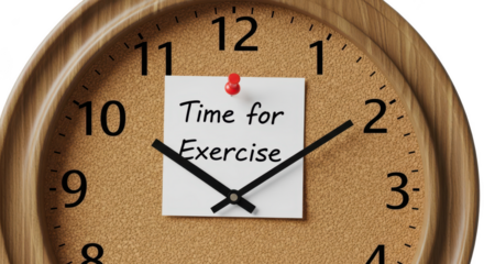 Ai generated image of a clock with a note saying time for exercise isolated on transparent background promotes a healthy and active lifestyle