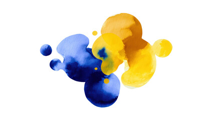 Watercolor vibrant blue and yellow watercolor blobs create an abstract, fluid design isolated on transparent background