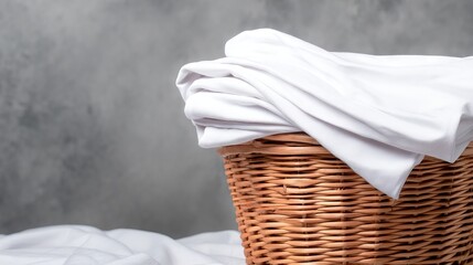 Woven wicker laundry basket filled with freshly laundered white linens, placed on a soft fabric surface, creating a serene and tidy home atmosphere for domestic chores