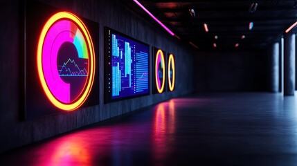 A futuristic corridor with glowing screens displaying data visualizations and charts in a dark, modern space.