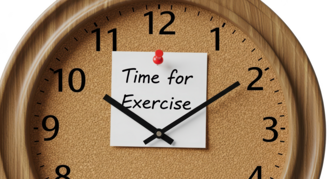 Ai generated image of a clock with a note saying time for exercise isolated on transparent background promotes a healthy and active lifestyle
