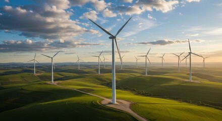 Wind turbines generate clean energy on rolling green hills under a cloudy sky at dusk