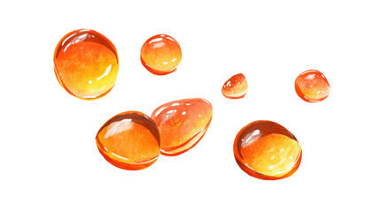 Watercolor several glossy amber drops of liquid scattered on a transparent background
