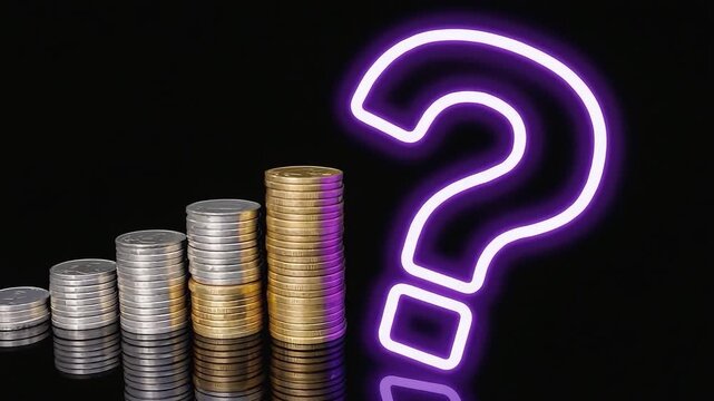 Stack of coins with a question mark in the middle. The coins are of different sizes and colors, with some being gold and others silver. Concept of curiosity and wonder