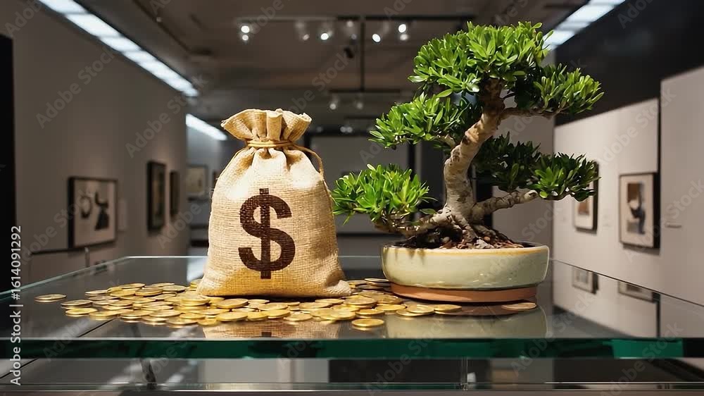 Poster bag with a dollar sign on it is placed on a table next to a small bonsai tree. the bag is filled wit