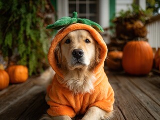 Cute golden retriever dog in pumpkin costume on autumn porch  